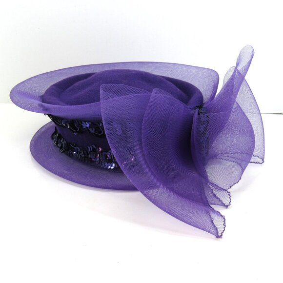 Ladies Purple 100% Wool Felt Church Hat with Tulle and Sequins WPL4884 - Picture 6 of 10